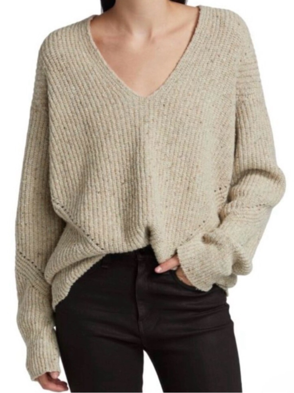 Rag and Bone Eco Donegal Tan wool oversized V Neck Sweater, size XS